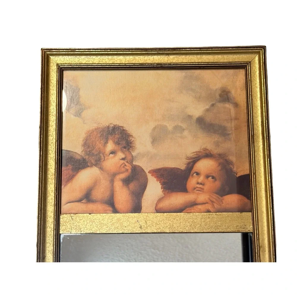Vtg 1990s Raphael Cherubs Mirror Gold Framed Sistine Madonna Angel Wall Accent